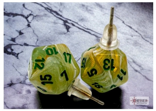 Stud Earrings: Marble Green Mini-Poly d20 Pair