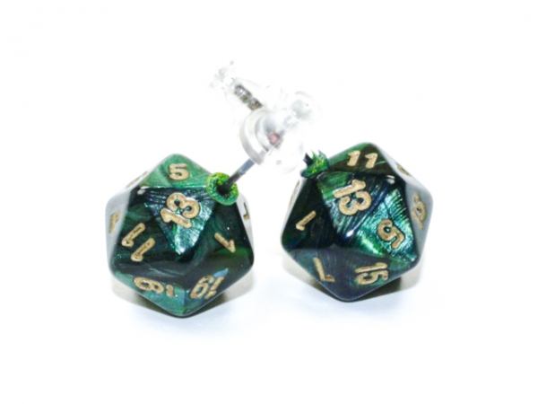 Stud Earrings: Scarab Jade Mini-Poly d20 Pair