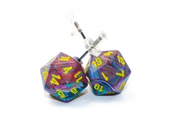 Stud Earrings: Festive Mosaic Mini-Poly d20 Pair