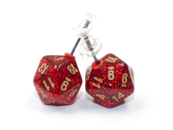 Stud Earrings: Glitter Ruby Mini-Poly d20 Pair