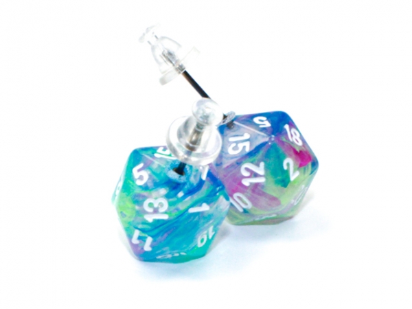 Stud Earrings: Festive Waterlily Mini-Poly d20 Pair