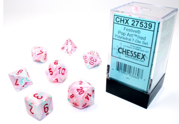 Chessex Lab Dice: Festive Polyhedral Pop Art/Red 7-Die set  [Limited/Allocated]