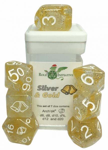 Polyhedral Dice Set: Diffusion Silver & Gold dice w/ Archd4 & Balanced20 (7)