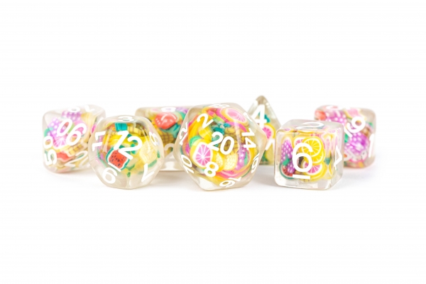 Metallic Dice: 16mm RESIN Polyhedral Dice Set - Fruit (7)