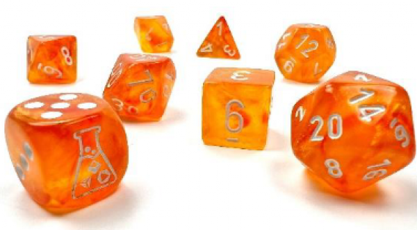 Chessex Lab Dice 6: Borealis Polyhedral Blood Orange/White Luminary 7-Die Set (with bonus die)