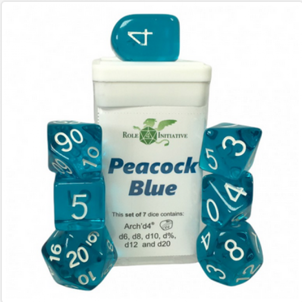 Polyhedral Dice Set: Translucent Peacock Blue dice w/ Archd4 & Balanced20 (7)