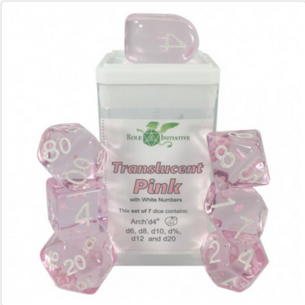 Polyhedral Dice Set: Translucent Pink/White dice w/ Archd4 & Balanced20 (7)