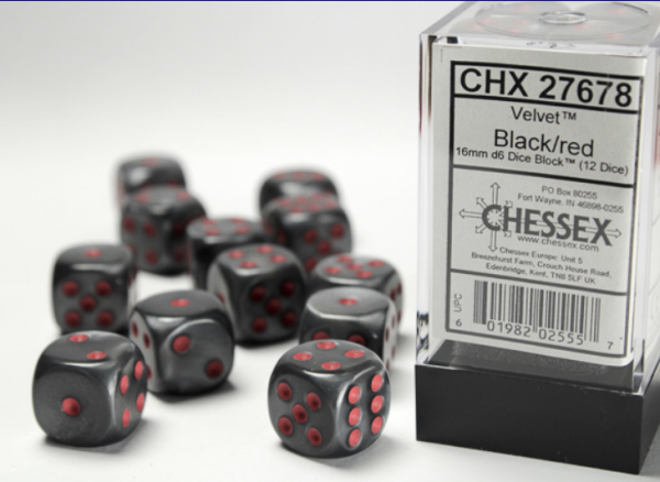 Chessex Dice Sets: Black/Red Velvet 16mm d6 (12)