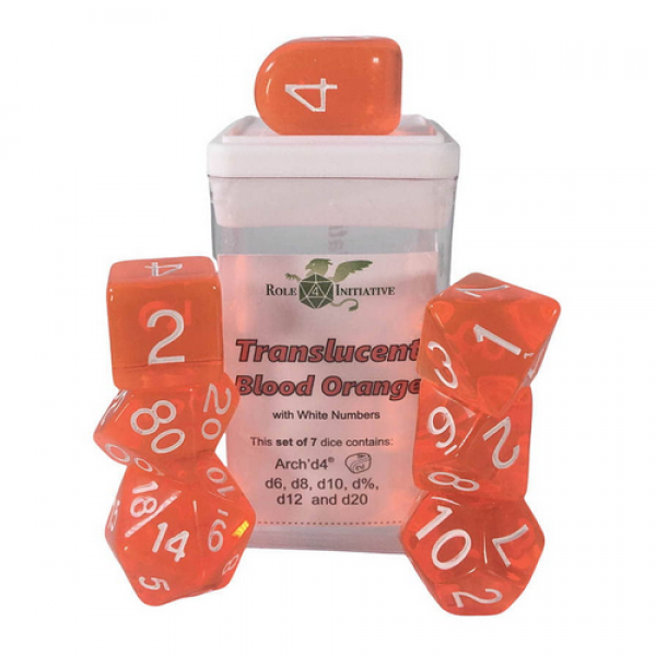 Polyhedral Dice Set: Translucent Blood Orange/White dice w/ Archd4 & Balanced20 (7)