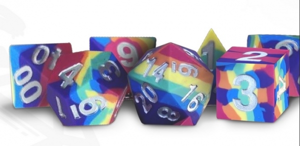 Metallic Dice: 16mm Sharp Edge Silicone Rubber Poly Dice Set (7) - Rainbow