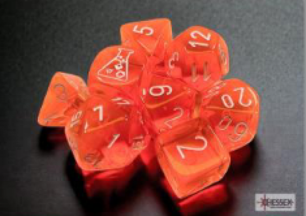 Chessex Lab Dice 7: Translucent Polyhedral Neon Orange/white 7-Die Set (with bonus die)