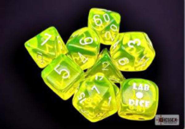 Chessex Lab Dice 7: Translucent Polyhedral Neon Yellow/white 7-Die Set (with bonus die)