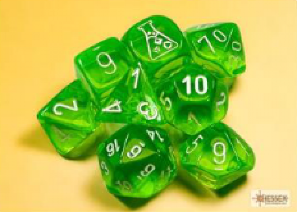 Chessex Lab Dice 7: Translucent Polyhedral Rad Green/white 7-Die Set (with bonus die)