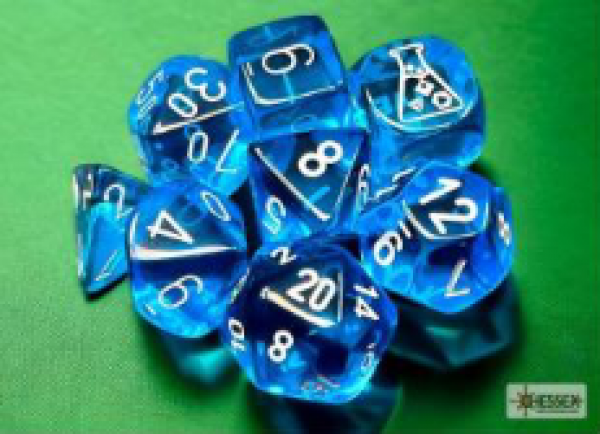 Chessex Lab Dice 7: Translucent Polyhedral Tropical Blue/white 7-Die Set (with bonus die)