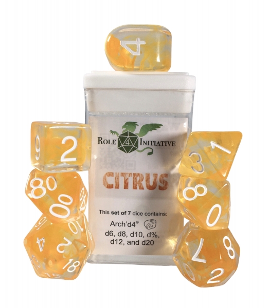 Polyhedral Dice Set: Diffusion Citrus w/ White Numbers and Archd d4 (7)