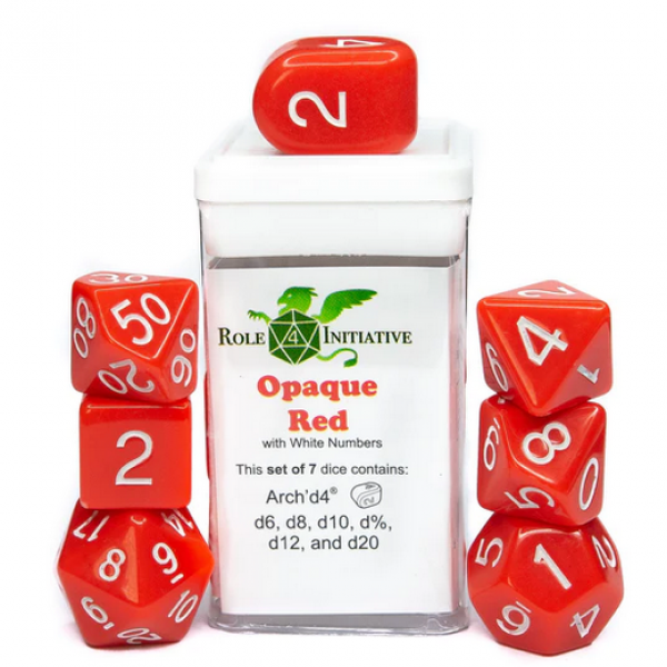 Polyhedral Dice Set: Opaque Red/White dice w/ Archd4 & Balanced20 (7)