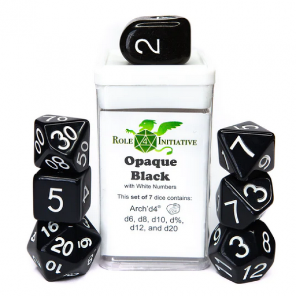 Polyhedral Dice Set: Opaque Black/White dice w/ Archd4 & Balanced20 (7)