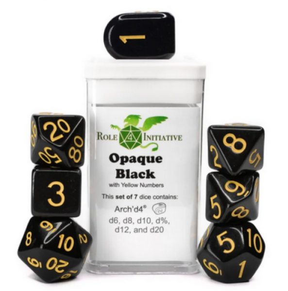 Polyhedral Dice Set: Opaque Black/Yellow dice w/ Archd4 & Balanced20 (7)