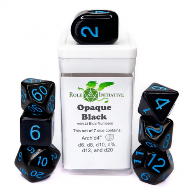 Polyhedral Dice Set: Opaque Black/Light Blue dice w/ Archd4 & Balanced20 (7)