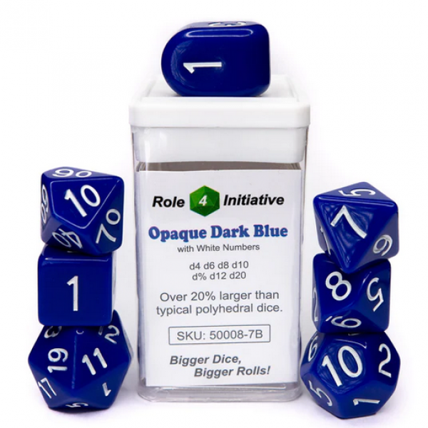 Polyhedral Dice Set: Opaque Dark Blue/White dice w/ Archd4 & Balanced20 (7)