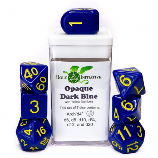 Polyhedral Dice Set: Opaque Dark Blue/Yellow dice w/ Archd4 & Balanced20 (7)