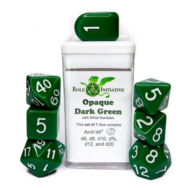 Polyhedral Dice Set: Opaque Dark Green/White dice w/ Archd4 & Balanced20 (7)