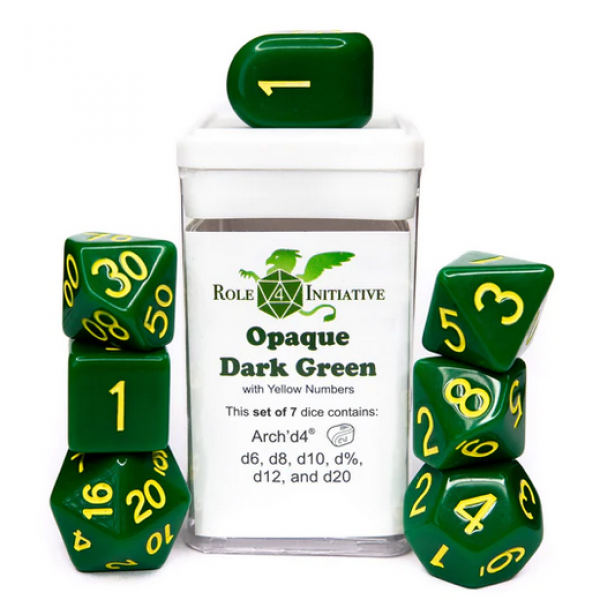 Polyhedral Dice Set: Opaque Dark Green/Yellow dice w/ Archd4 & Balanced20 (7)
