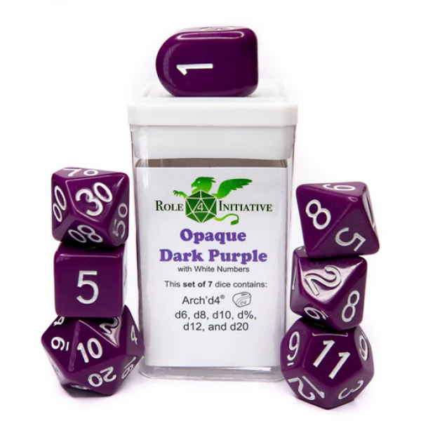 Polyhedral Dice Set: Opaque Dark Purple/White dice w/ Archd4 & Balanced20 (7)