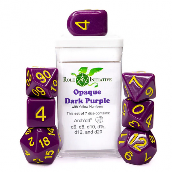 Polyhedral Dice Set: Opaque Dark Purple/Yellow dice w/ Archd4 & Balanced20 (7)