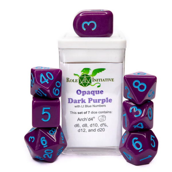 Polyhedral Dice Set: Opaque Dark Purple/Light Blue dice w/ Archd4 & Balanced20 (7)
