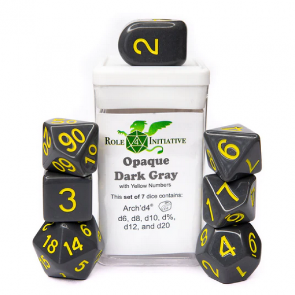 Polyhedral Dice Set: Opaque Dark Grey/Yellow dice w/ Archd4 & Balanced20 (7)