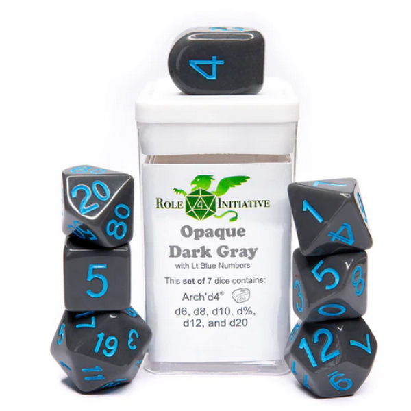 Polyhedral Dice Set: Opaque Dark Grey/Light Blue dice w/ Archd4 & Balanced20 (7)