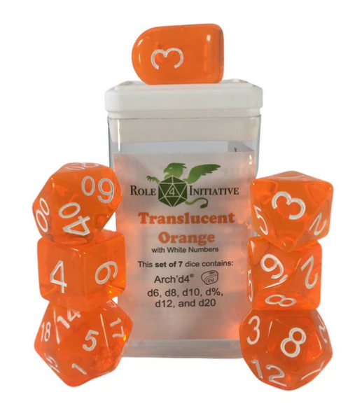 Polyhedral Dice Set: Translucent Orange/White dice w/ Archd4 & Balanced20 (7)