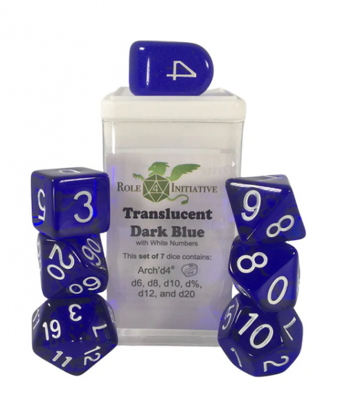 Polyhedral Dice Set: Translucent Dark Blue/White dice w/ Archd4 & Balanced20 (7)