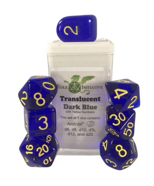 Polyhedral Dice Set: Translucent Dark Blue/Yellow dice w/ Archd4 & Balanced20 (7)