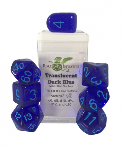 Polyhedral Dice Set: Translucent Dark Blue/Light Blue dice w/ Archd4 & Balanced20 (7)