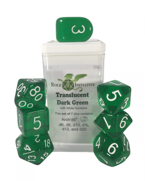 Polyhedral Dice Set: Translucent Dark Green/White dice w/ Archd4 & Balanced20 (7)