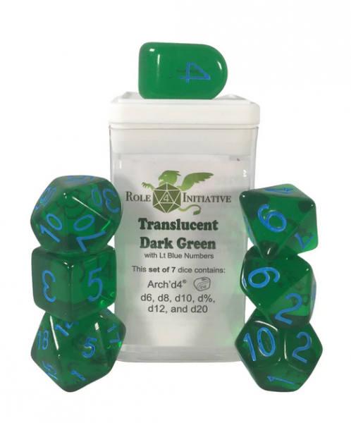 Polyhedral Dice Set: Translucent Dark Green/Light Blue dice w/ Archd4 & Balanced20 (7)