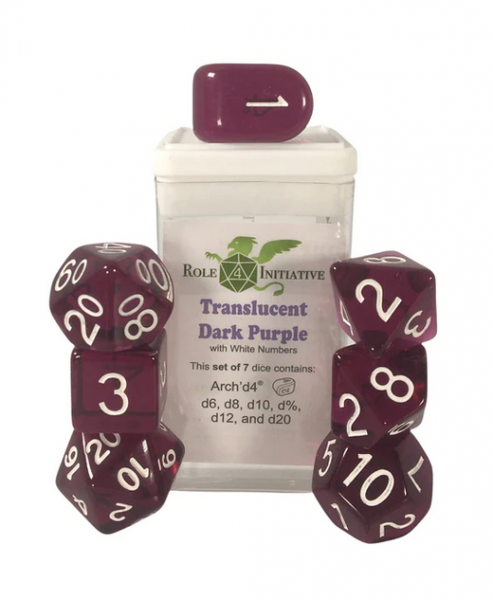 Polyhedral Dice Set: Translucent Dark Purple/White dice w/ Archd4 & Balanced20 (7)