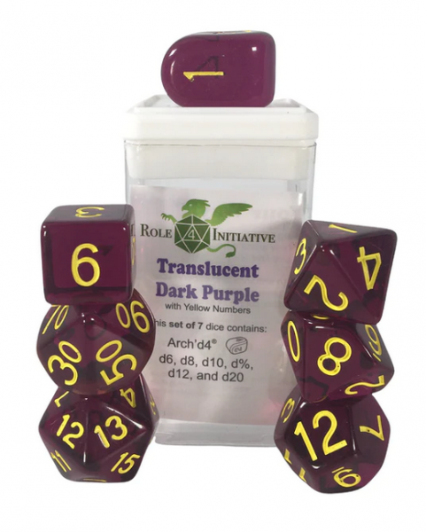 Polyhedral Dice Set: Translucent Dark Purple/Yellow dice w/ Archd4 & Balanced20 (7)