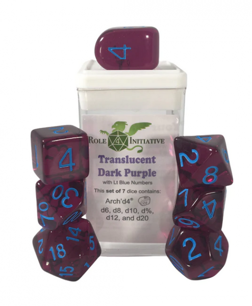 Polyhedral Dice Set: Translucent Dark Purple/Light Blue dice w/ Archd4 & Balanced20 (7)