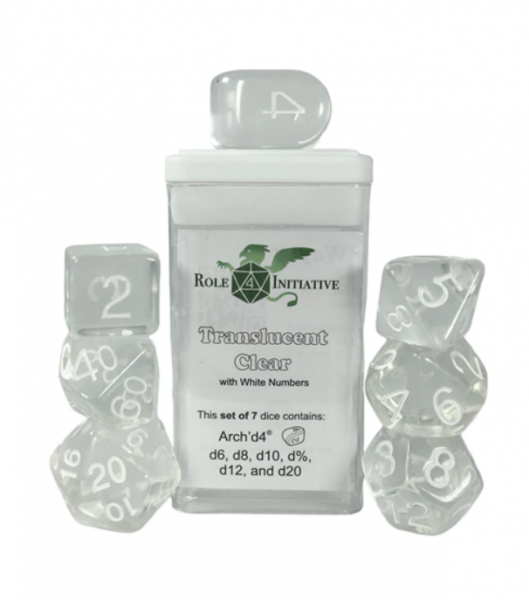 Polyhedral Dice Set: Translucent Clear dice w/ Archd4 & Balanced20 (7)