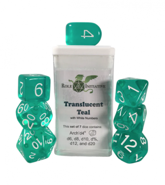 Polyhedral Dice Set: Translucent Teal dice w/ Archd4 & Balanced20 (7)