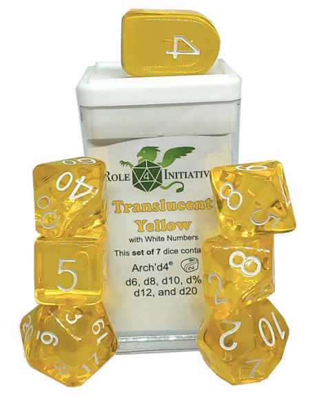 Polyhedral Dice Set: Translucent Yellow dice w/ Archd4 & Balanced20 (7)