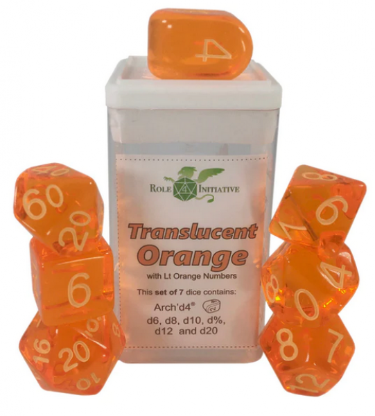 Polyhedral Dice Set: Translucent Orange/Light Orange dice w/ Archd4 & Balanced20 (7)