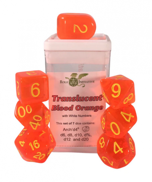 Polyhedral Dice Set: Translucent Blood Orange/Yellow dice w/ Archd4 & Balanced20 (7)