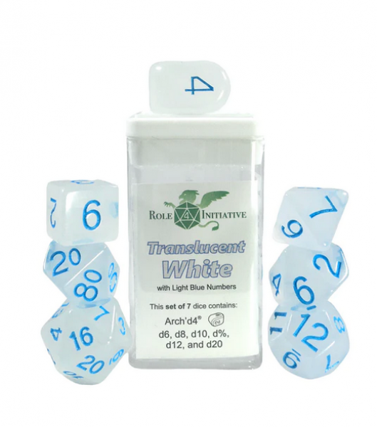Polyhedral Dice Set: Translucent White/Blue dice w/ Archd4 & Balanced20 (7)