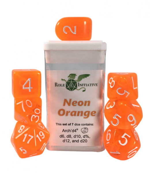 Polyhedral Dice Set: Translucent Neon Orange dice w/ Archd4 & Balanced20 (7)