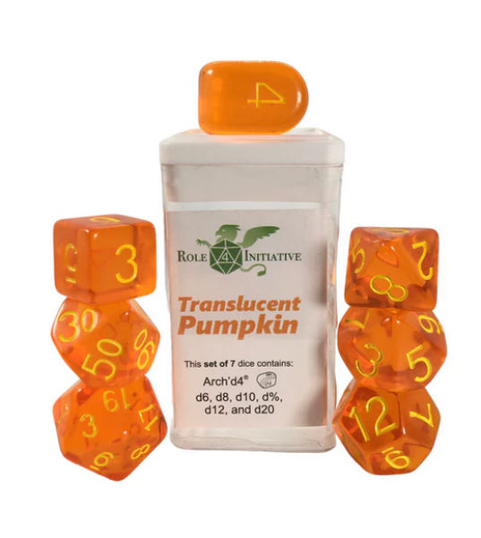 Polyhedral Dice Set: Translucent Pumpkin dice w/ Archd4 & Balanced20 (7)
