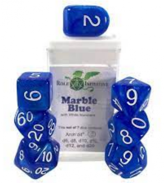 Polyhedral Dice Set: Marble Blue dice w/ Archd4 & Balanced20 (7)
